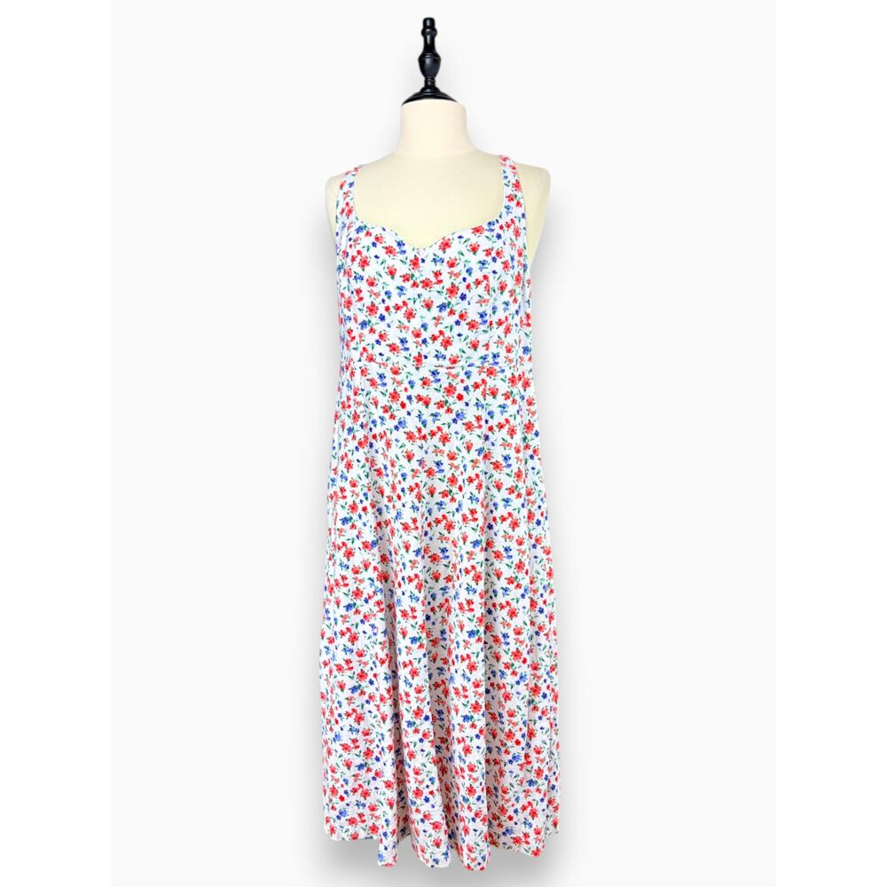 Old Navy Women Linen Blend Floral Midi Dress Smocked Pockets Red White Red Lg